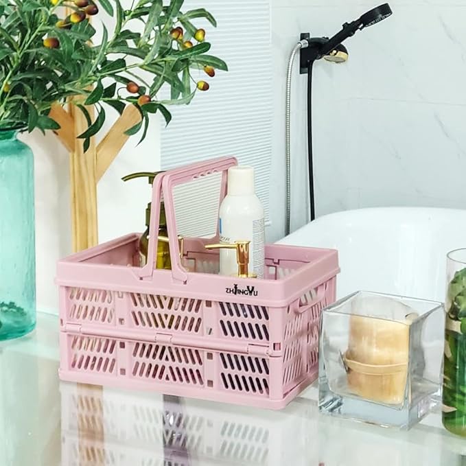 Pink crates for storage,plastic baskets for organizing,14.96" x9.84"x 7.87" collapsible shopping basket,20L foldable crate with Handles,Car Milk Dairy crate for Kitchen,Bathroom,school,office