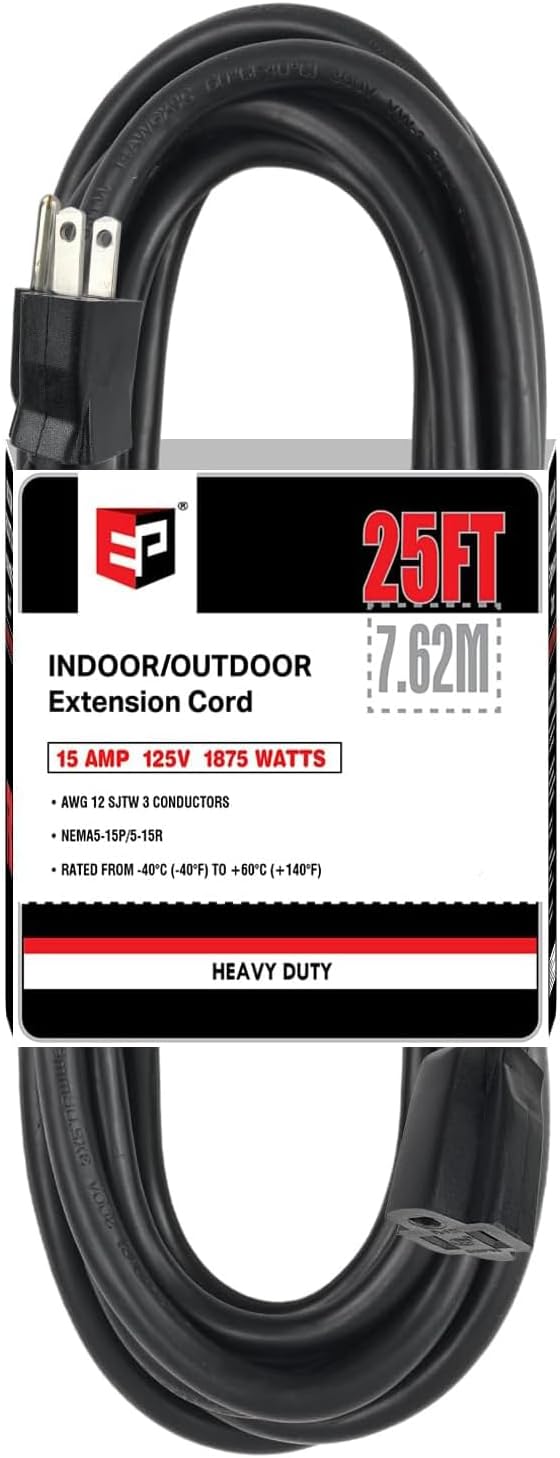 EP 25 Ft Outdoor Extension Cord - 12/3 SJTW Heavy Duty Black Extension Cable with 3 Prong Grounded Plug - Power Cord for Lawn, Garden, Appliances