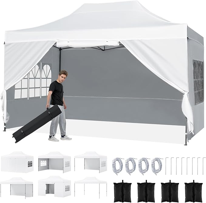 Tangkula 10x14 FT Pop Up Canopy, Outdoor Tent with 4 Sidewalls, Roll-up Door, Wheeled Bag, 4 Sandbags, 8 Stakes, 4 Wind Ropes, Portable Canopy Tent for Beach Party Event Camping (White)