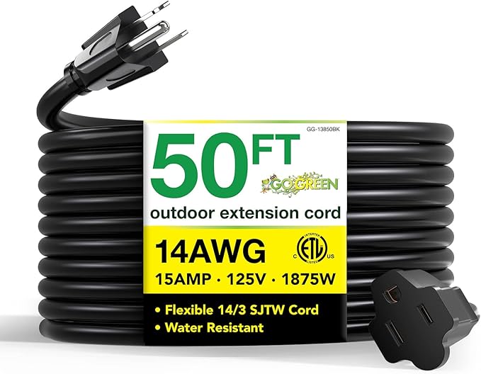 Go Green Power Inc. 14/3 50ft Black Outdoor Extension Cord - Robust, Heavy Duty - Perfect for Outdoor Tools & Equipment - GG-13850BK