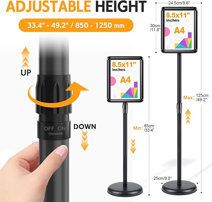 RedChili 2 Pack Sign Holder Stand 8.5x11 Inch, Adjustable Floor Standing Sign Holder Signage Stand with Aluminum Snap-Open Frame Vertical Horizontal View Display For Malls Schools Restaurants (Black, Round Corner)