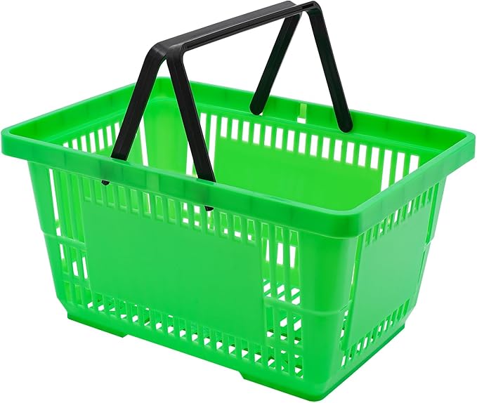 LOYALHEARTDY 12PCS Shopping Baskets with Handles, 21L Plastic Grocery Basket for Retail Store, Supermarket, Grocery Shopping |17" x 12" x 9" Portable Shop Basket (Green)