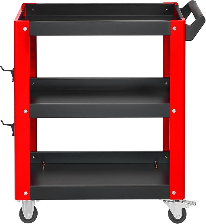 Heavy Duty 3 Tier Rolling Tool Cart, Mechanic Storage Organizer with Pegboard & Hooks, Lockable Wheels Utility Cart for Garage, Auto Repair Shop, Workshop, Warehouse（Red & Black）