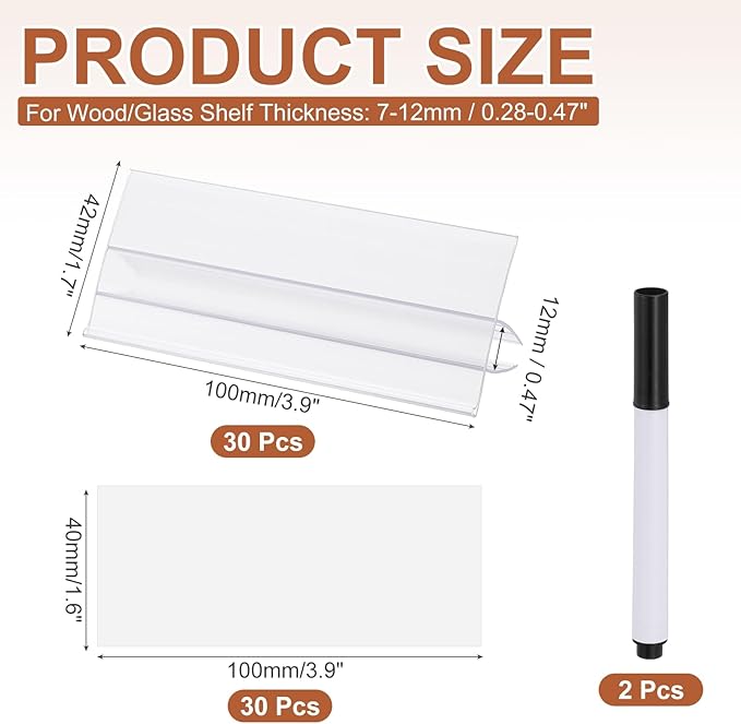 PATIKIL 3.9" x 1.7" Wire Shelf Label Holder, 30 Pack Reusable Plastic Price Tag Display Clip for 0.28" to 0.47" Thick Shelves with Paper Inserts Pens for Home Market Store, Clear