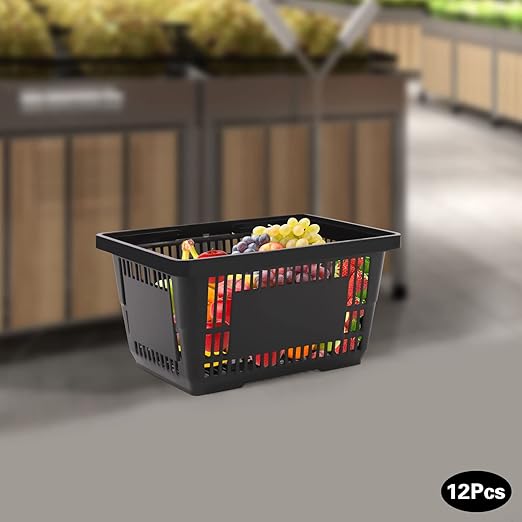 12Pcs Shopping Baskets with Handles, 21L Durable Plastic Shopping Basket, 22Lbs Load-Bearing Capacity, Stackable Portable Grocery Basket for Supermarket, Retail Shop, Bookstores (Black,16.9"X9"X11.8")