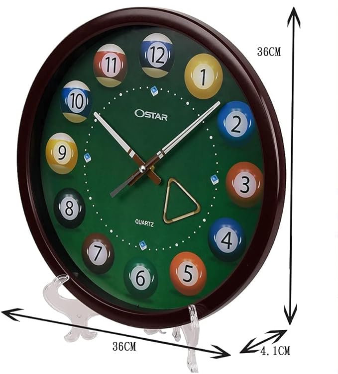 OSTAR Big Large Billiard Pool Ball Wall Clock, Battery Operated, Cue Hand, Non Ticking Quality Quartz, 14" Snooker Game