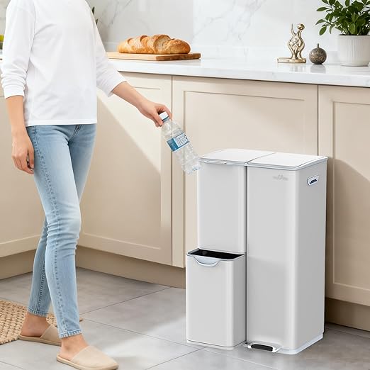 mVm Kitchen Trash Can, 60 Liter / 16 Gallon 3-in-1 Garbage Can for Wet/Dry Waste Sorting, Recycling Bin with Foot-Pedal, Soft-Close,Anti-Fingerprint,Stainless Steel Trash Can for Kitchen,Living Room