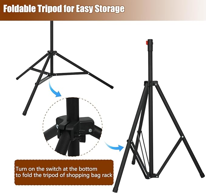 Shopping Bag Rack, Adjustable Height Store Grocery Bags Holder, Foldable Stable Base Bag Display Rack for Supermarket, Boutique, Trade Show & Home Storage