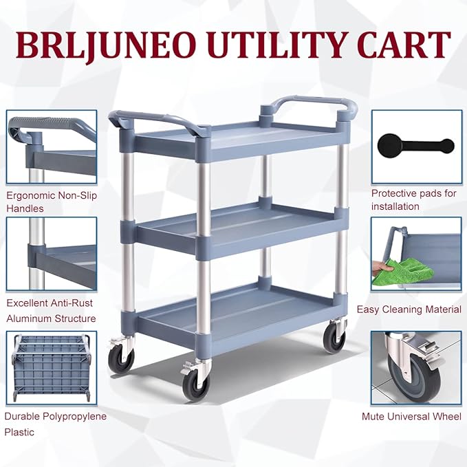 Plastic Utility Carts with Wheels, 3-Tier Medium Size Restaurant Food Cart, Heavy Duty 510lbs Capacity Rolling Service Cart w/Hammer for Commercial, Kitchen, Office (Lockable Wheels, M-Grey)