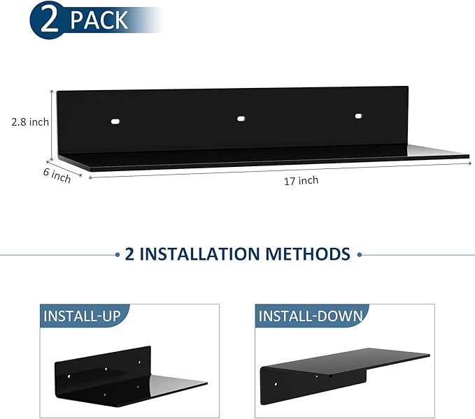 17 Inches Acrylic Wall Shelves 2 Pack, Floating Shelf for Wall Mounting, Acrylic Display Ledges for Funko Pop Figures, Home Décor, Living Room, Gaming Room, Plants(17 inch, Black)