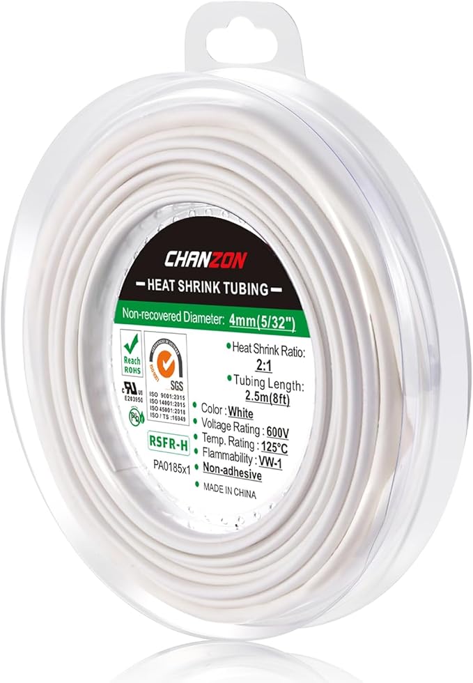 Chanzon 2:1 Ratio 5/32" (4mm) Heat Shrink Tubing 8Ft Roll (2.5M Total Length) White Polyolefin Sleeving Wrap Shrinking 2 to 1 1pcs