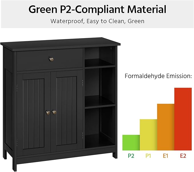 Yaheetech Bathroom Storage Cabinet, Bathroom Floor Cabinet with 2 Doors and 1 Drawer, Storage Units with 3 Open Compartments and Adjustable Shelves for Living Room, Entryway, Black