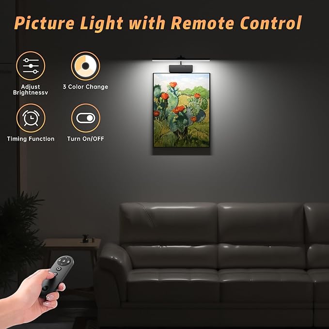 Lightbiz Picture Light 2 Pcs, 15.35inch 5400mAh Rechargeable Picture Lights for Wall Battery Operated Wall Lights with Remote, 3 Colors Paintings Light Dimmable Art Light for Artwork, Gallery (Black)