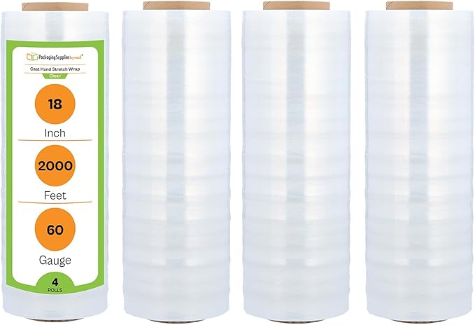 PSBM Stretch Wrap, 4 Pack, 18 Inch x 2000 Feet, 60 Gauge, Clear Plastic Cling, Cast Hand Stretch Film Rolls for Packaging Moving Packing Pallets