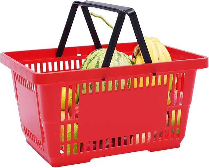 12PCS Shopping Baskets with Handles, 21L Plastic Grocery Basket for Retail Store, Supermarket, Grocery Shopping |17" x 12" x 9" Portable Shop Basket (Red)