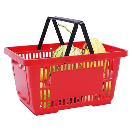 12Pcs Plastic Shopping Baskets with Handles, 18L/4.7Gal Durable Plastic Shopping Cart, Large Portable Grocery Basket for Retail Store, Supermarket, Red