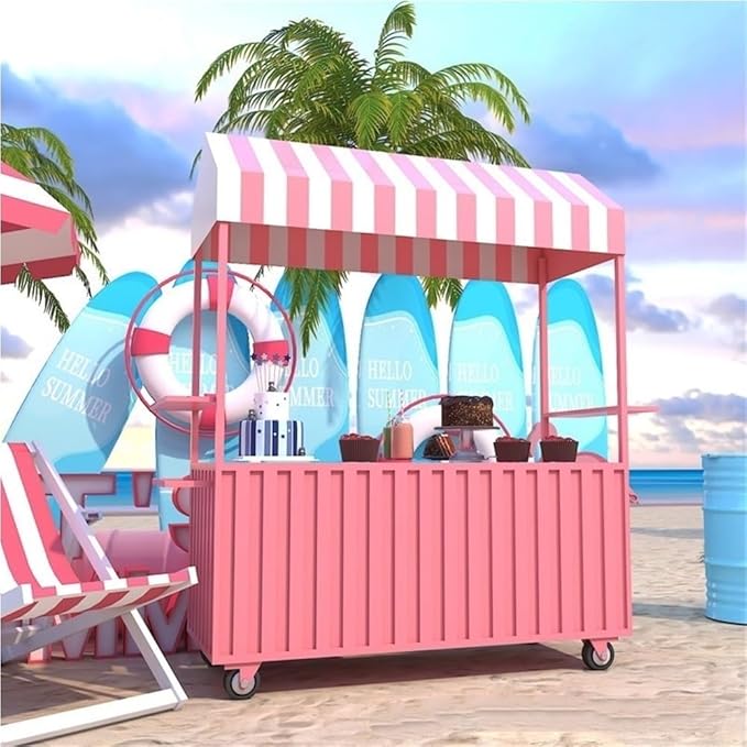 Outdoor Food Vendor Cart with Canopy, Portable Mobile Street Food Stand, Foldable Commercial Vending Trolley Kiosk for Markets and Events(Pink,47.2in)