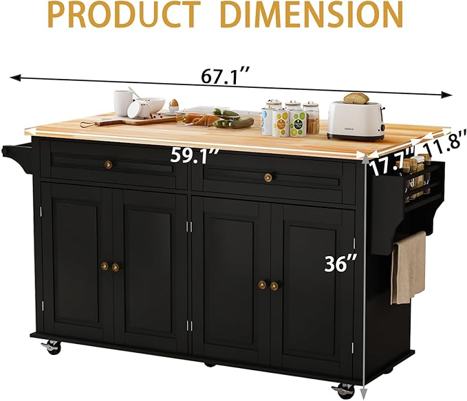 67’’ Movable Kitchen Island with Drop Leaf and Power Outlet, Lockable Sliding Countertop Rolling Island Cart with 2 Large Drawers, Spice, Towel Rack,Black