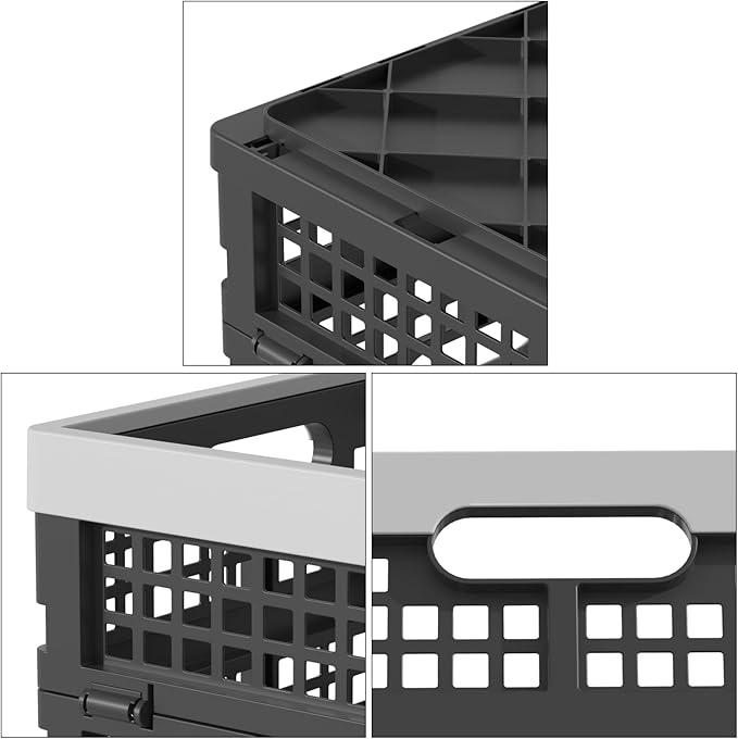 30L Large Plastic Folding Storage Crates, Collapsible Crates for Storage, Pack of 3 (Black)