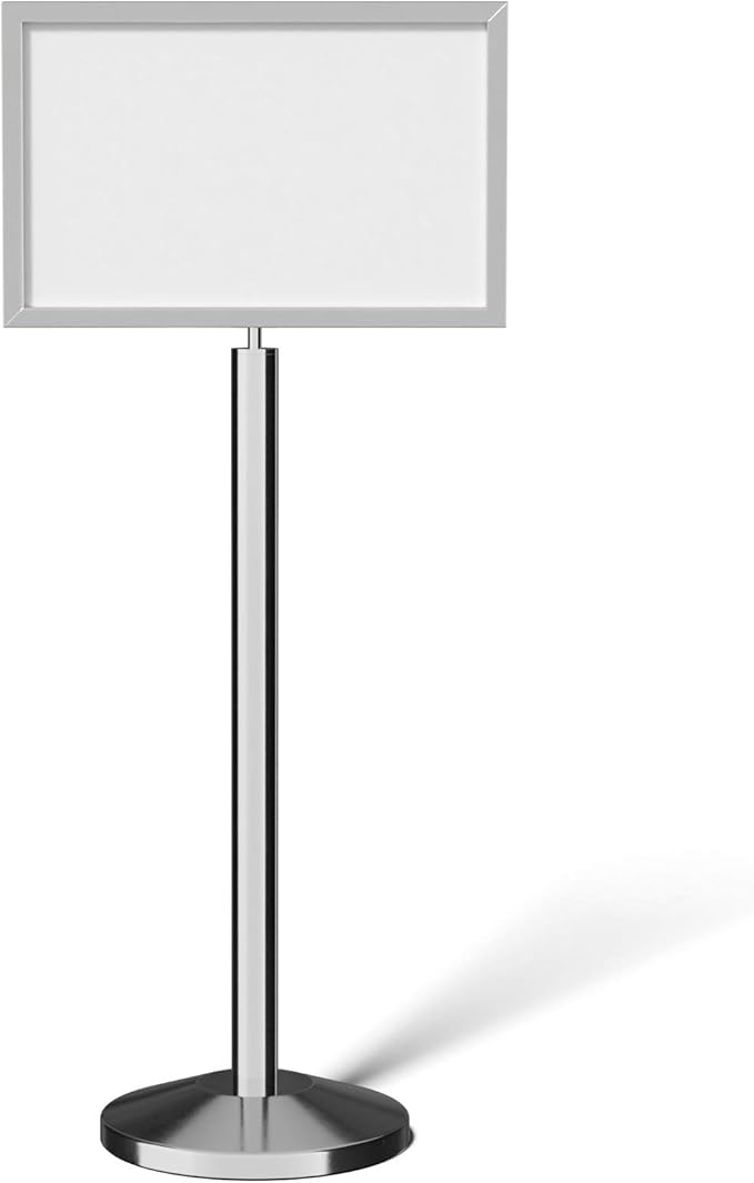 Crowd Control Warehouse Pedestal Standing Floor Sign Frame with Sloped Base, 14x22 Inch Horizontal, Polished Stainless Steel