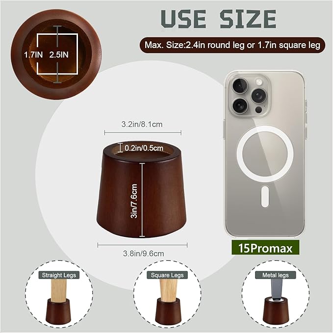 Wooden Furniture Bed Risers - 3 Inch Circle Heavy Duty Furniture Height Extenders Lifts for Sofa Couch Desk Chair Table Base Raising Space, Convenient Store and Cleaning, Pack of 4