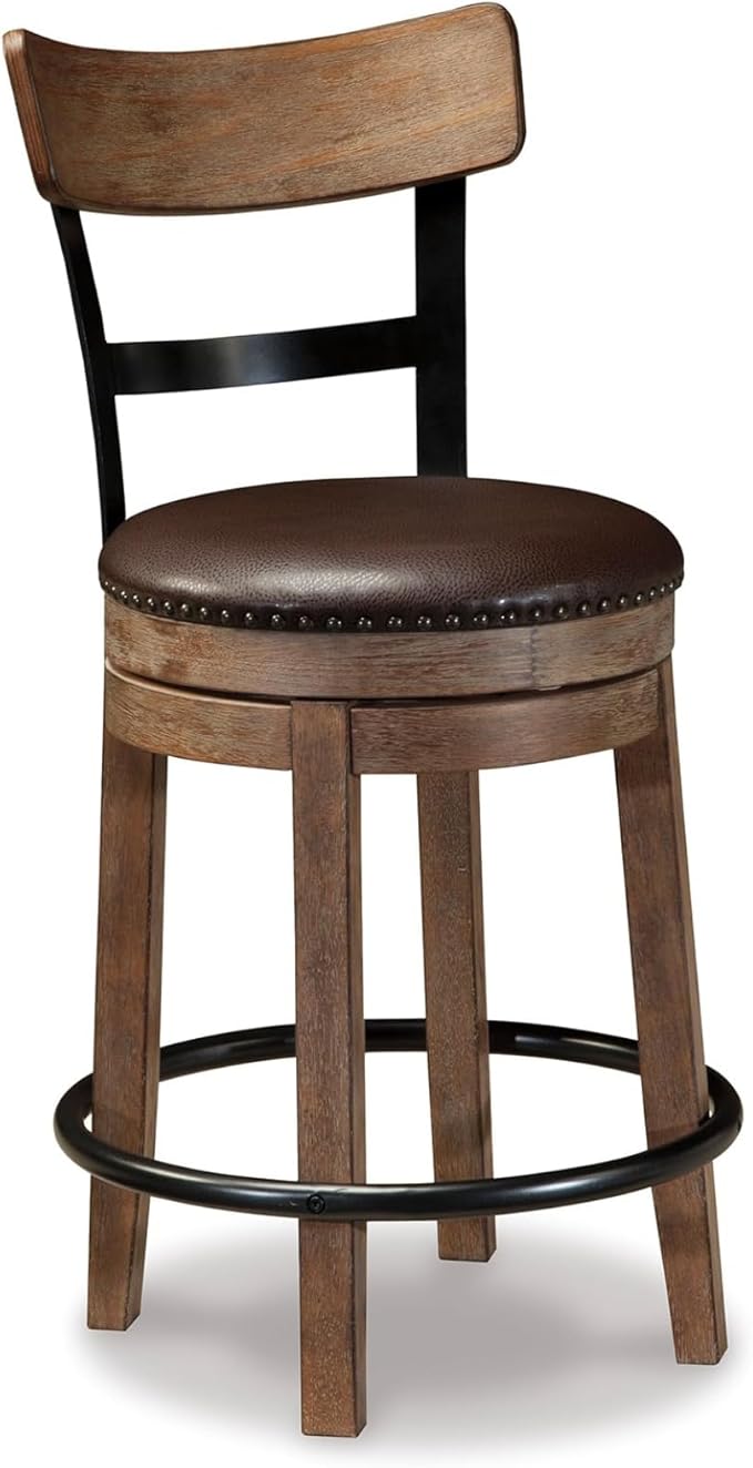 Signature Design by Ashley Pinnadel |24.25" Counter-Height Swivel Bar Stool – Modern Farmhouse, Faux Leather, 360° Swivel, Nailhead Trim, Rustic Light Brown