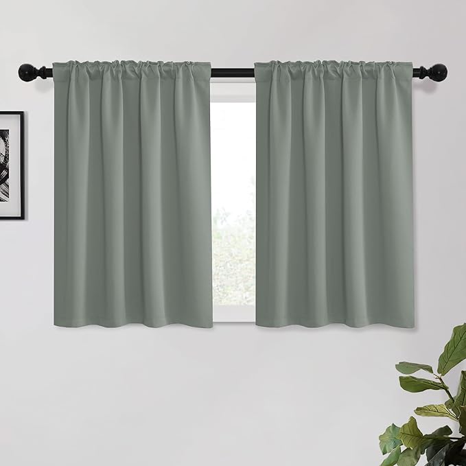 KGORGE Green Short Curtains for Bedroom, Privacy Thermal Insulated Room Darkening Energy Saving Kitchen Curtains 45 inch Length, Back Tab Rod Pocket, W34 x L45 inches, Grayish Green, 2 Panel