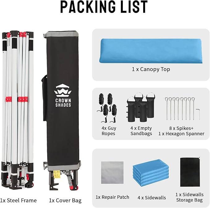 CROWN SHADES 10X10 Comercial Instant Canopy Pop Up Tent with Center Lock, 300D Fabric, 4 Sidewalls, Sto'N Go Bag, Sky Blue