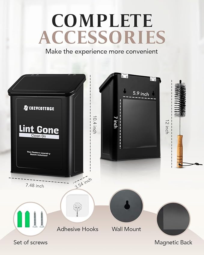 COZYCOTTAGE Magnetic Lint Bin for Laundry Room Organization and Storage With Brush & Hooks - Wall Mounted Dryer Lint Trash Can for Laundry Room Decor (Black)