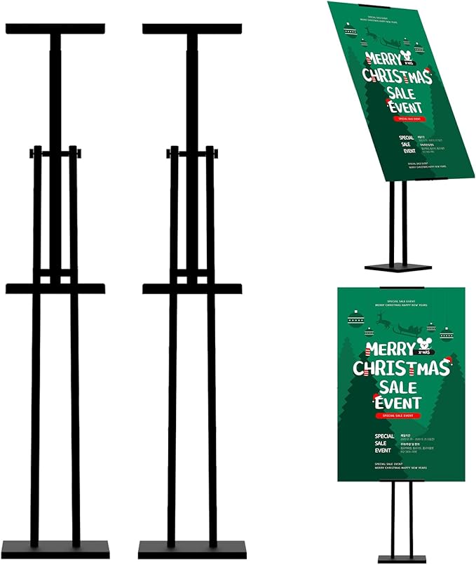ONCEMORE Heavy Duty Sign Stand, Floor Poster Board Stand, Adjustable Metal Sign Holder Height Up to 60 Inches and 180° Rotation Display Standing Pedestal for Board & Foam, Black 2 Pack