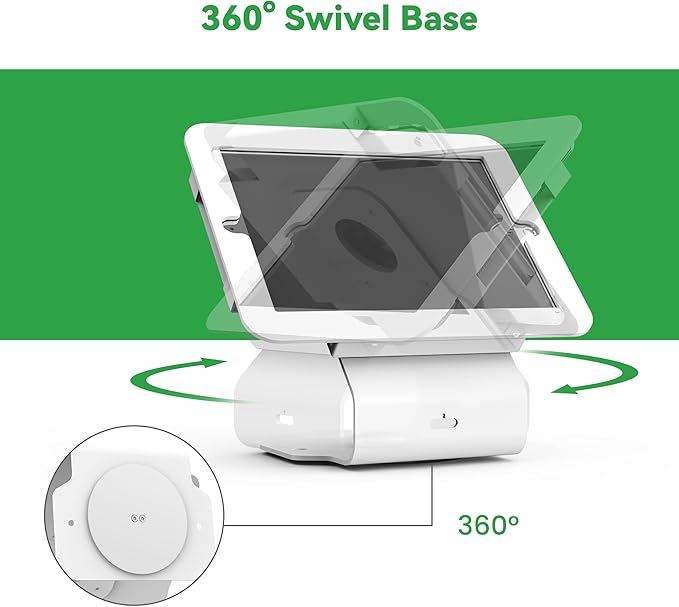 Kiosk POS Tablet Stand Compatible with iPad Air 1, Air 2, Pro 9.7, 5th, 6th, Business Desktop Retail Tablet Stand with 360° Swivel Base, Metal, White, PSC101W