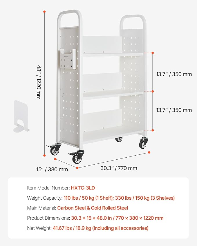 VEVOR Rolling Library Book Cart, 330 lbs Capacity, 30.3 x 15 x 48.0-Inch Library Cart, Single Sided L-Shaped Shelves with 3-Inch Lockable Wheels, Book Truck for Home Shelves Office and School, White