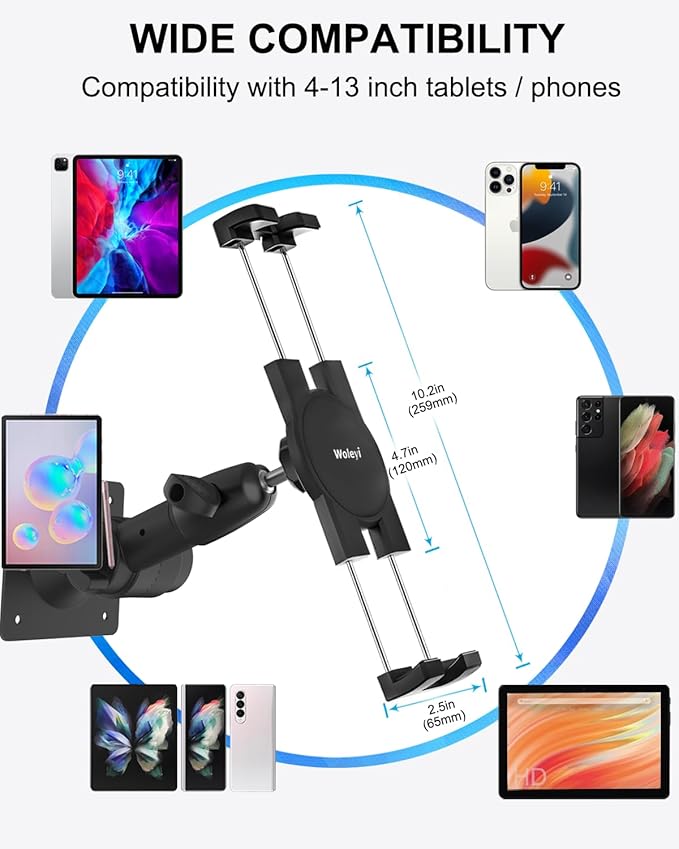 woleyi Tablet Wall Mount for iPad - [360° Adjustable Arm] Tablet Holder Stand for Kitchen Cabinet, Under Counter, Desk, for 4-13" Device iPad Pro, Air, Mini, Phone, Galaxy Tab, Z Fold, Fire HD, Switch