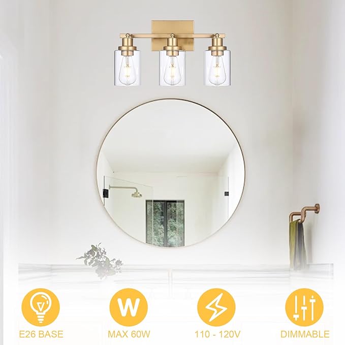 3-Light Gold Tracking Lights, Multi-Directional Rotating Ceiling Tracking Lighting Fixture with Clear Glass, Modern Bathroom Ceiling Vanity Lights Track Lighting Kits for Kitchen Accent Shop