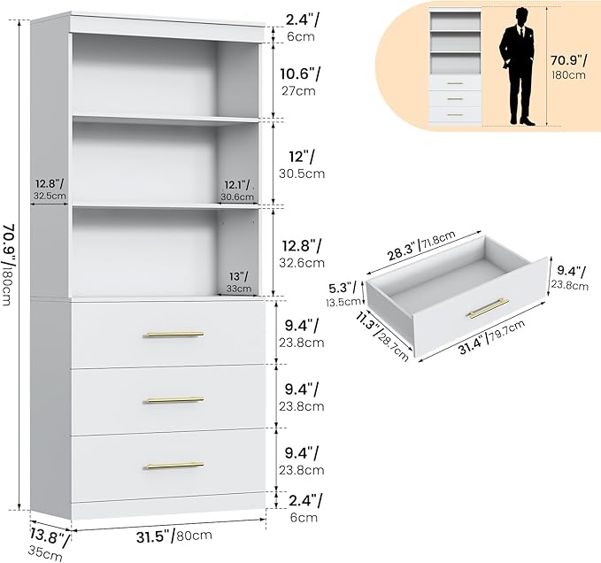 Winkalon 71" Tall White Bookshelf with Drawers, Bookcase and Bookshelf with 3-Tier Open Shelves, Tall Bookcase Tall Storage Cabinet for Home Office Living Room, 15.8" D x 31.5" W x 71" H