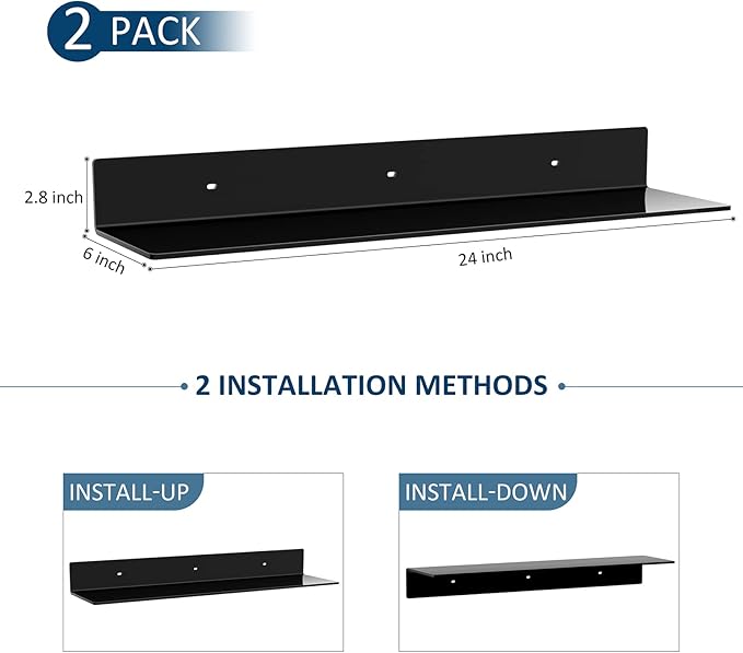 24 Inches Acrylic Wall Shelves 2 Pack, Floating Shelf for Wall Mounting, Acrylic Display Ledges for Funko Pop Figures, Home Décor, Living Room, Gaming Room, Plants(24 inch, Black)