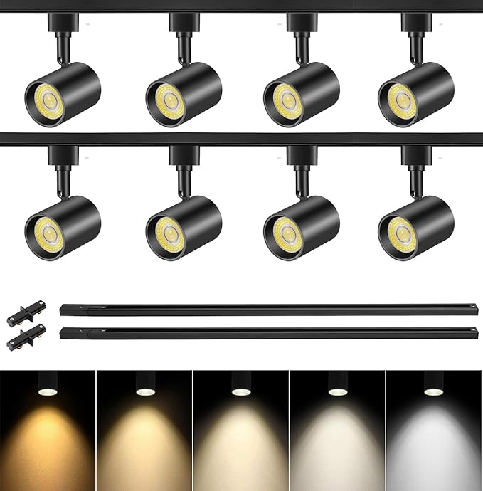 VANoopee 5-Color 8-Light LED Track Lighting Kit with 6.6FT H Type Track Lighting Rail, LED Track Light Heads Dimmable Modern Kitchen Track Lighting Fixtures Ceiling Spotlight, CRI90+ 10W 800lm Black