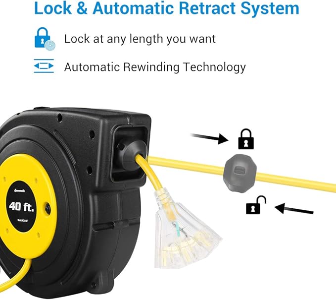 DEWENWILS 40FT Retractable Extension Cord Reel, Heavy Duty Power Cord Reel with 3-Lighted Triple Outlets, 12AWG/3C SJTOW Cord, 15A Circuit Breaker, Wall/Ceiling Mounted, UL Listed, Yellow