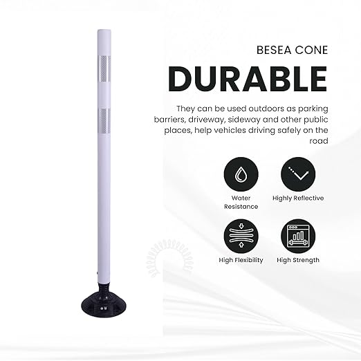 BESEA 8PCS 48" Traffic Delineator Posts with Detachable Base & High-Visibility Reflective Collars,White Durable Flexible Safety Cones for Work Zones, Parking Lots, and Roadways