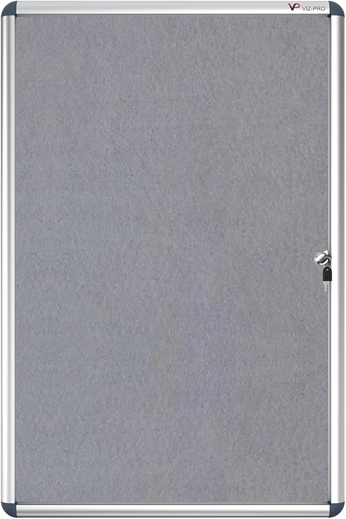 VIZ-PRO Tamperproof Lockable Gray Fabric Noticeboard Aluminium Framed 36x24 Inches