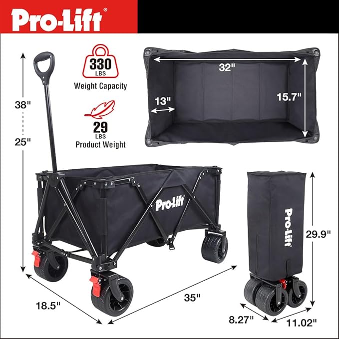 Pro-Lift Collapsible Folding Wagon– Beach Cart Large Capacity, Heavy Duty Folding Wagon Portable, for Outdoor Sports, Grocery, Camping, Shopping, Garden, Sports, Load up to 330LBS