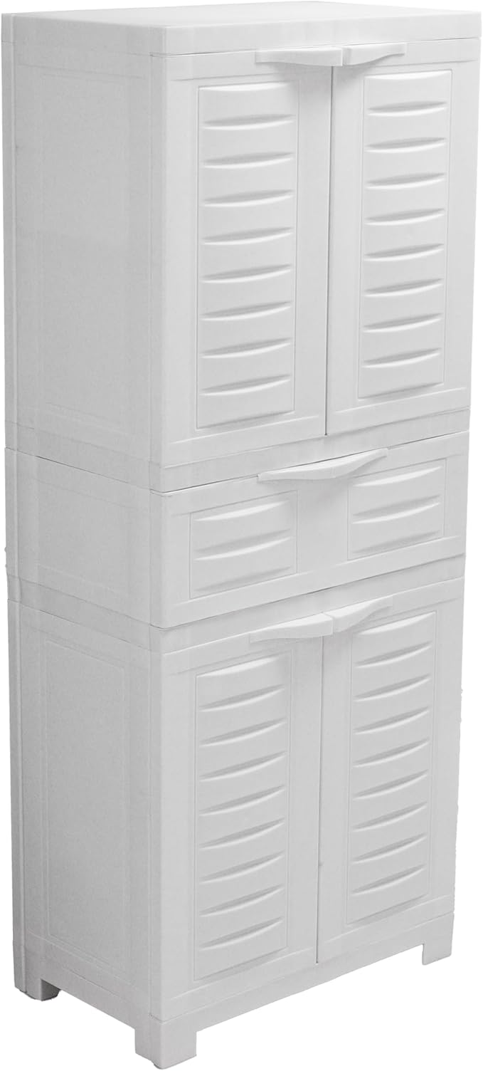 Sunnydaze Plastic Garage Storage Cabinet with 2 Adjustable Shelves - 57" H - Garage, Office, Home, Laundry Room - Speckled White