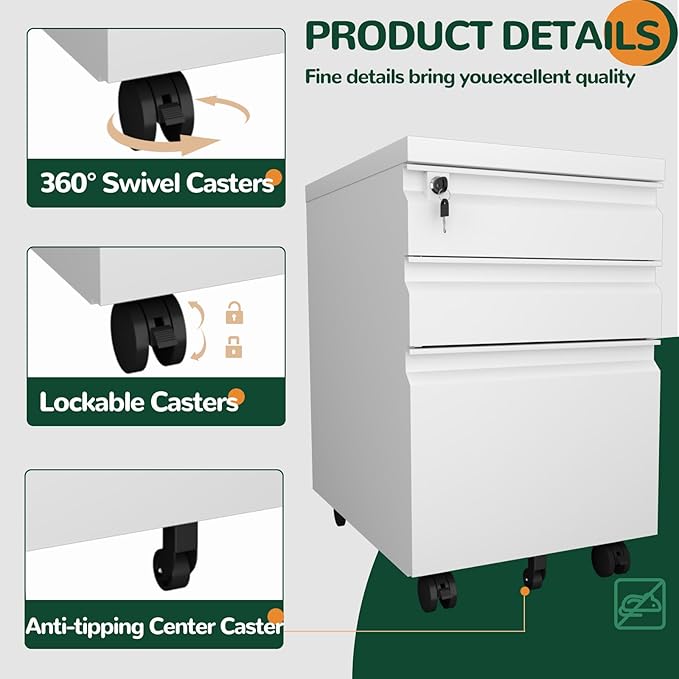 3 Drawer File Cabinet with Lock, Metal Mobile Filing Cabinet on Wheels, Under Desk Storage Cabinet for Home Office, Deep Drawers for Letter/Legal/A4 Files with Anti-Tip Design (White)