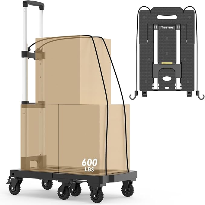 TOOLIOM Folding Hand Truck, 600 lbs Heavy Duty Foldable Luggage Cart with 7 Tank Wheels, Portable Collapsible Dolly Cart with Extendable Base, Utility Cart with Brake Wheels