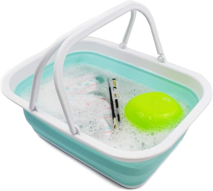 SAMMART 9.2L (2.37Gallon) Collapsible Tub with Handle - Portable Outdoor Picnic Basket/Crater - Foldable Shopping Bag - Space Saving Storage Container (Grey & Lake Green, 2)