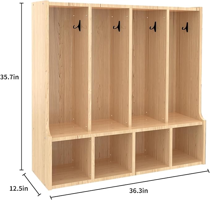 TONGMO Kid's Coat Locker with Bench - 4-Section Toddler-Sized Natural Kids Furniture for Organized Storage (4-Section)