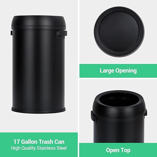 TrailBlaze 65L/17 Gallon Commercial Kitchen Trash Can - Stainless Steel, Open Top, Heavy Duty, Large Capacity Rubbish & Recycling Bin for Home, Office, Restaurant - Black Matte Open