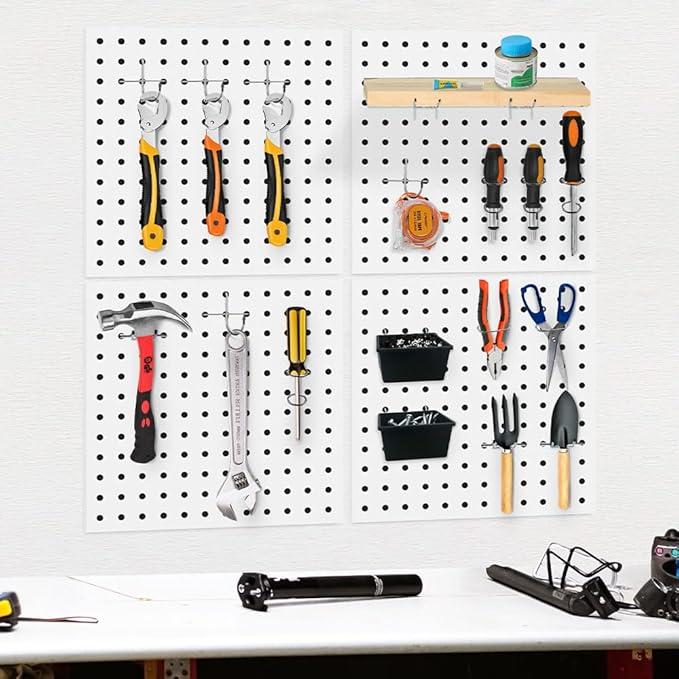 4Pcs Pegboard, Metal Peg Board, Pegboard Wall Organizer Panels Accessories, Mount Display Peg Board Kits for Walls Garage Craft Room Office Workshop, Easy Installation (White)