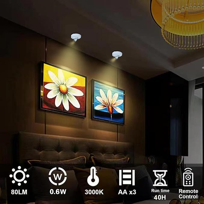 LED Spotlight, Battery Operated Picture Lights, Uplighting Indoor, Puck Lights with 2 Remote, Dimmable Spot Up Light for Wall Display Dartboard Painting Artwork Accent