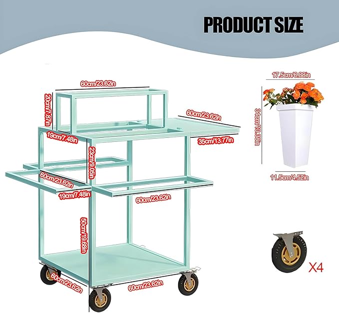 Metal Garden Cart Plant Stand with 18pcs Buckets and parasols, Slide Out Rolling Flower Display Rack, for Florist, Patio Garden, Weddings Party, Business Market (green)